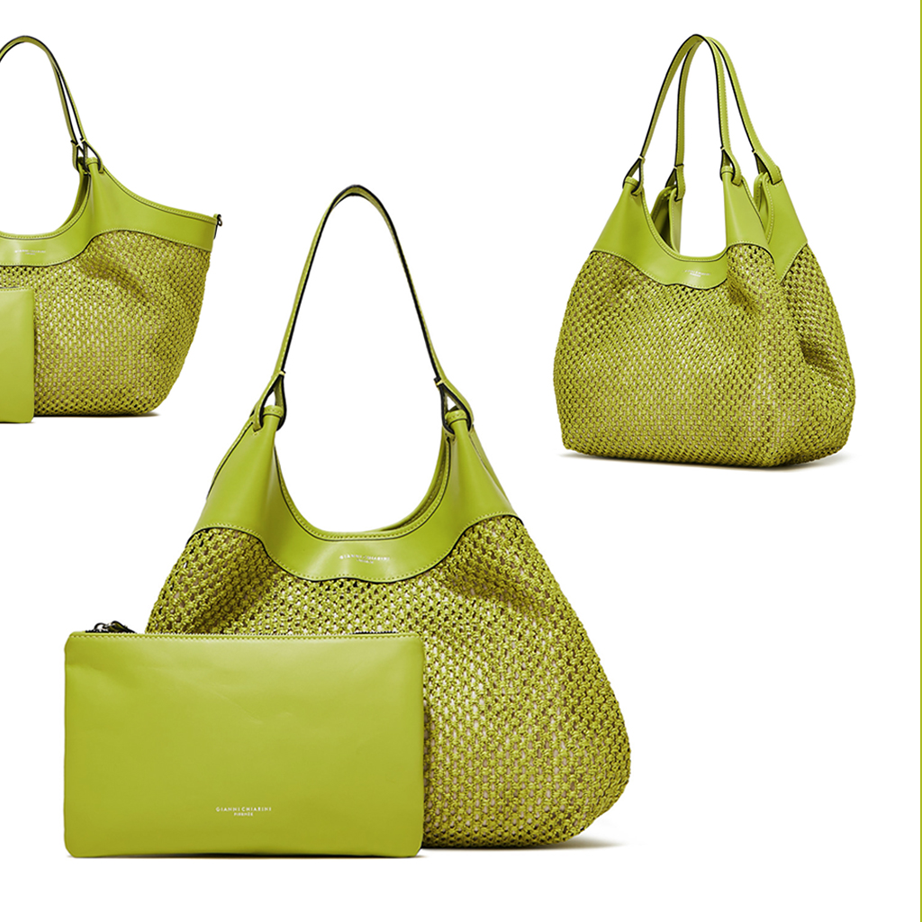 Gelbgrüne sackförmige Henkeltasche von Gianni Chiarini, ergänzt durch eine abnehmbare Clutch-Bag mit Reißverschluss