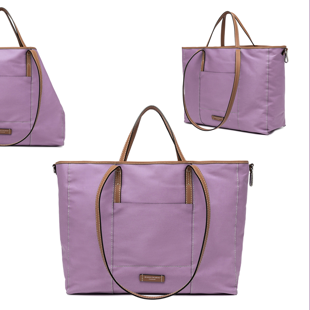 Violette Shopping Bag aus Trench-Stoff gefertigt von Gianni Chiarini, Henkel aus braunem Leder, 2 kurze und 2 lange Henkel